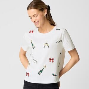 J. CREW Embroidered Party Tee Womens Small White Embellished Cheers Holiday Boxy